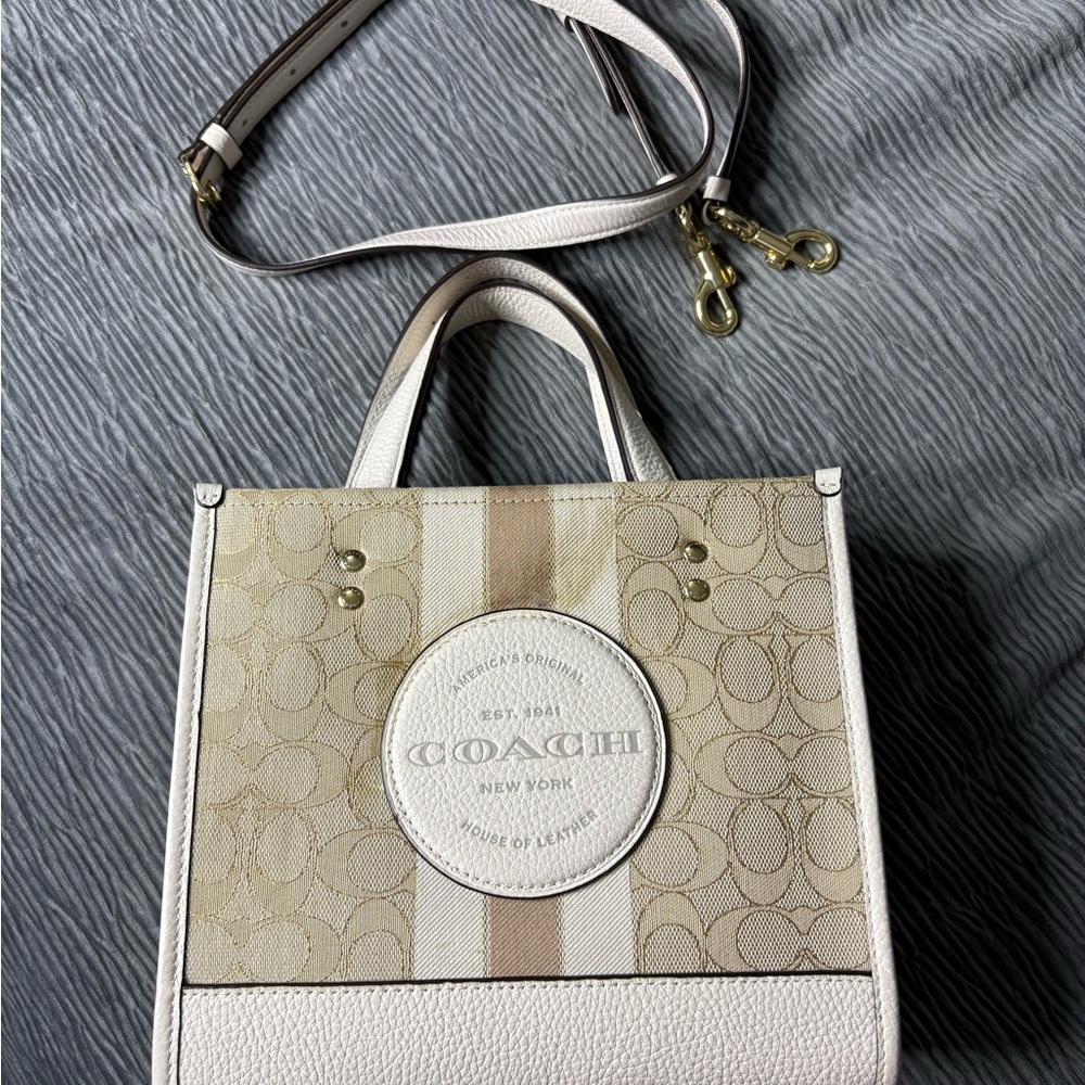 Coach Beige and Pink Signature Stripe Crossbody Tote